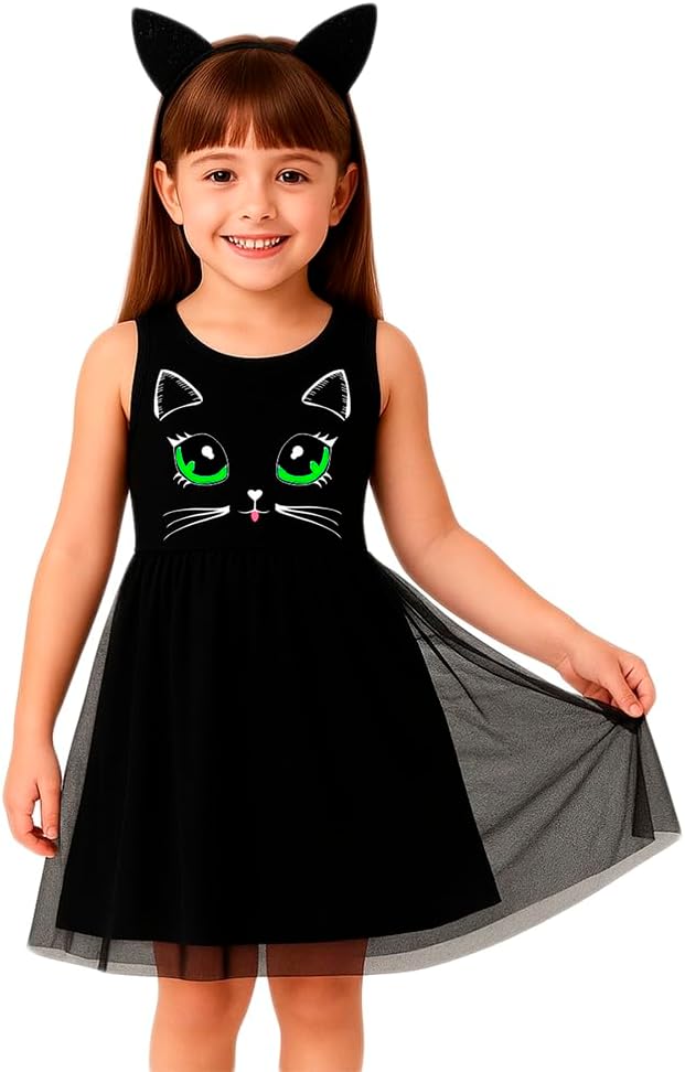 Vestido Infantil Temático Calupa Fantasia Gatinha Com Tiara de Orelhinha