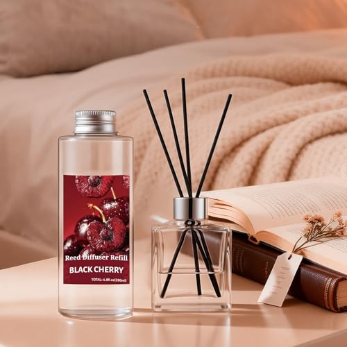 Image of STRN Reed Diffuser Oil Refill, Black Cherry Scented Diffuser Oil Refills with 6 Reed Sticks 200ML(6.8fl.oz), Room Fresheners for Home, Long-Lasting Summer Fragrance for Living Room, Bedroom, Office