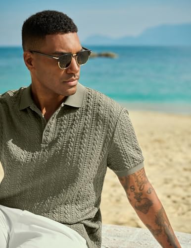 Image of JMIERR Men's Casual Polo Shirt Knitted Textured Short Sleeve Stretch Golf Shirt Summer Vacation Beach Collared Shirts