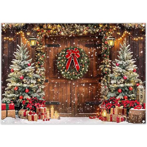 Luminora 7x5ft Winter Christmas Rustic Barn Wood Door Backdrop Snowflake Christmas Tree Wreath Background Festival Birthday Baby Shower Decor Party Photo Banner