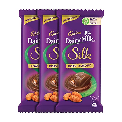 Image of Cadbury Dairy Milk Silk Roasted Almonds Chocolate Bar, 143g (Pack of 3) & Dark Milk Chocolate Bar, 156g- Pack of 2