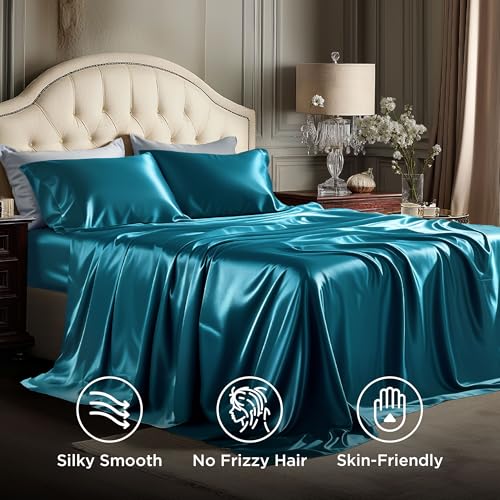 Image of Bedsure Teal Satin Sheets Queen Size, Soft Silky Bedsheets for Hair & Skin | Similar to Silk Bed Sheets Set 4 Piece with 15 Inches Deep Pocket Fitted Sheet,1 Flat Sheet, 2 Satin Pillowcases