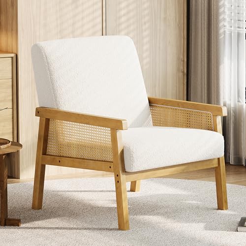 Garvee Boucle Accent Chair, Rattan Armchair with Wooden Frame, High Back, Upholstered Reading Chair Leisure Chairs for Living Room Bedroom Waiting Room Reception, White Boucle, White