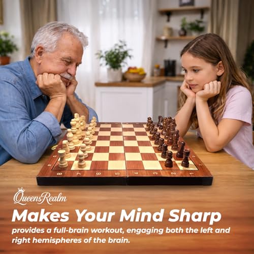 Image of QueensRealm 16 Inch Chess Board Set - Large Wooden Handmade Magnetic Foldable Chessboard for Kids & Adults, 16 Inch x 16 Inch Compact & Portable Travel Chess with Inbuilt Storage (Wooden)