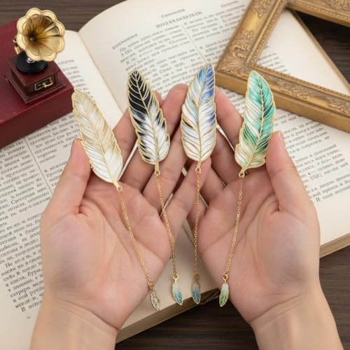 Image of 4Pcs Vintage Metal Feather Bookmarks with Gradient Color Pendant, Retro Book Page Markers for Reading Lovers, Unique Gift for Students & Readers