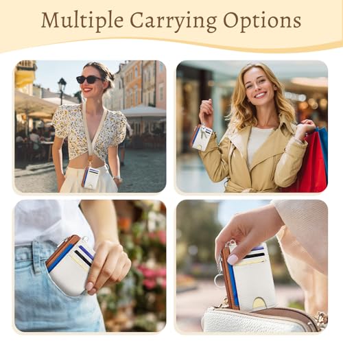 Image of Kelvoris White Caramel Credit Card Holder Small Wallet Women, Slim RFID | Keychain, Zipper Coin Pocket, Front Pocket Thin Travel Card Case, Minimalist, 6 Card Slots, 1 ID Window, Ladies Gifts Woman