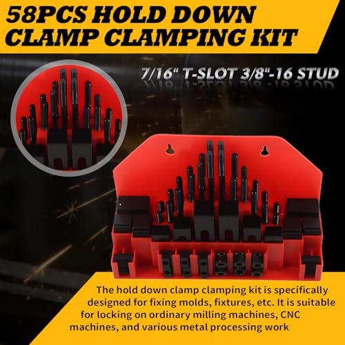 Image of 58 Pcs 7 /16 inch T-Slot 3 /8 inch-16 Stud Hold Down Clamp Clamping Kit | Compatible with milling machine CNC