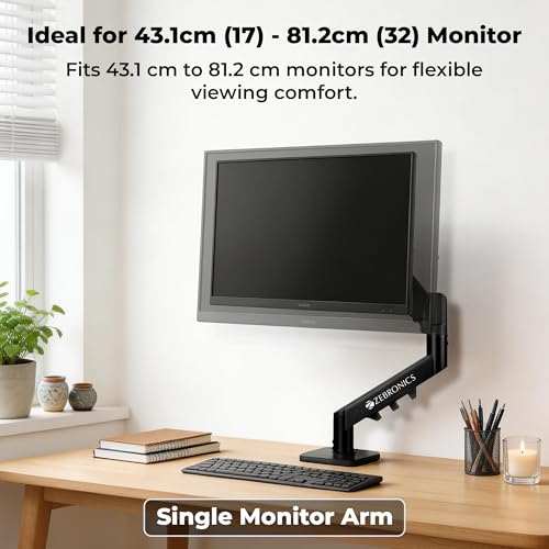 Image of Zebronics Monitor Desk Stand, 17-32 Inch Support, Up to 8kg Load, Gas Spring Height Adjustment, 50cm Extendable Arm, VESA Compatible, Cable Management, Anti-Slip Base, Rust-Proof (DMS500)