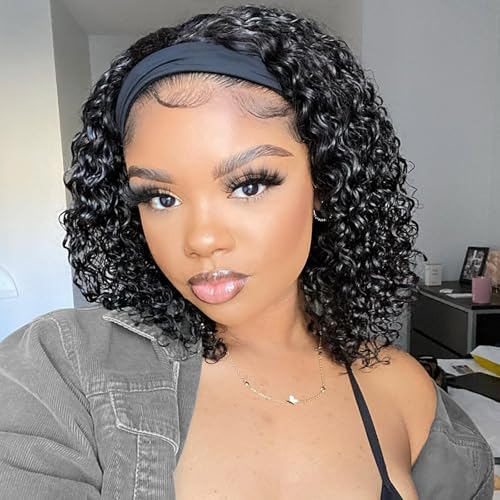 Image of Headband Wig Human Hair Deep Wave Curly Headband Half Wigs Machine Made Glueless None Lace Front Wigs Brazilian Virgin Wig for Black Women Natural Color 150% Density 10Inch