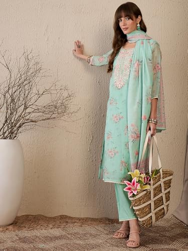 Image of INDO ERA Women's Straight Linen Floral Printed Embroidered Kurta & Pant with Dupatta Set