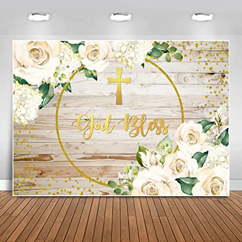 Sensfun God Bless Backdrop Rustic Wood White Floral Newborn Baby Shower Photography Background First Holy Communion Baptism Backdrops for Christening Party Decorations Banner Photo Booth Props 7x5ft
