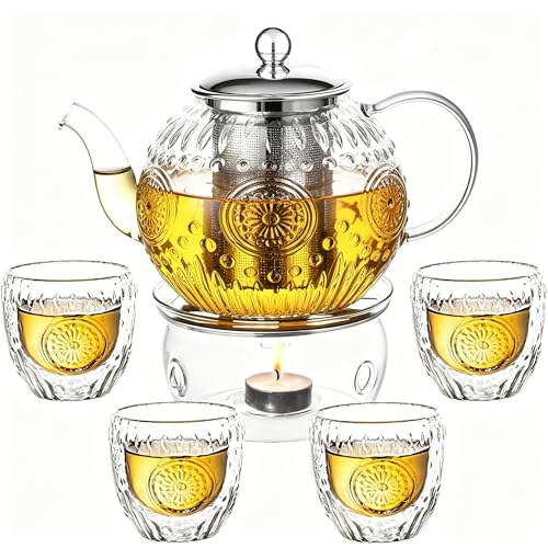 Image of Amzcku 50OZ /1500ml Vintage Glass Teapot Set with 4 Cups, Teapot Set with Removable Infuser Stovetop Safe, Borosilicate Glass Tea Kettle for Blooming & Loose Leaf Tea