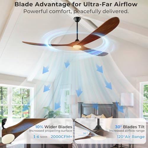 Image of 72 inch Outdoor Ceiling Fan with Lights-Glass Lamp, Large Damp Rated Wood Propeller Blades for Big Patios & Porch, Smart APP and Remote Control, 3 Blades Dimmable LED Ceiling Fans, High CFM-Walnut