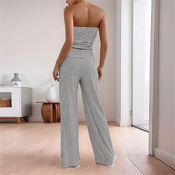 Women's Going out Navel-Baring Short Striped Tube Top Two-Piece Set, Strapless Top and Pants Set Striped Two Piece Set4