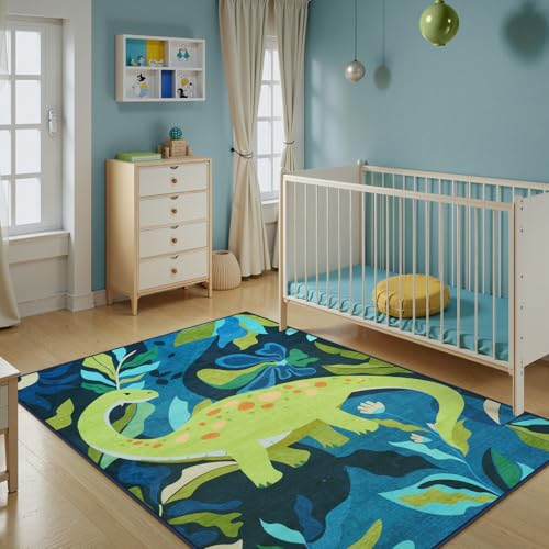 LIVEBOX 5x7 Rug for Kids Room, Soft Washable Dinosaur Rug for Boy Playroom,Non-Slip Machine Washable Blue Rugs for Bedroom, Throw Carpet Animal Rugs for Nursery Classroom (Blue,5'x7')