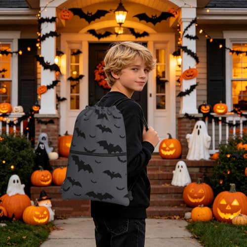 Image of Halloween Bat Drawstring Backpack, Gothic Black Grey Waterproof Drawstring Bag, Large Capacity Durable String Sackpack, Cinch Sackpack for Yoga Sport Beach Gym Shopping