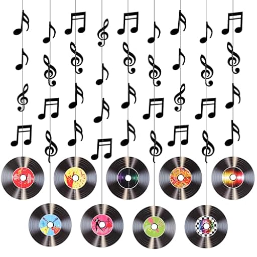 TIESOME 9 discos de vinilo decorativos con notas musicales, decoración de fiesta de música rock and roll, guirnalda de papel para colgar para decoración de fiestas de los años 50 y 60 (negro) | Ya disponible en tu tienda friki favorita! En mundofriki.es!