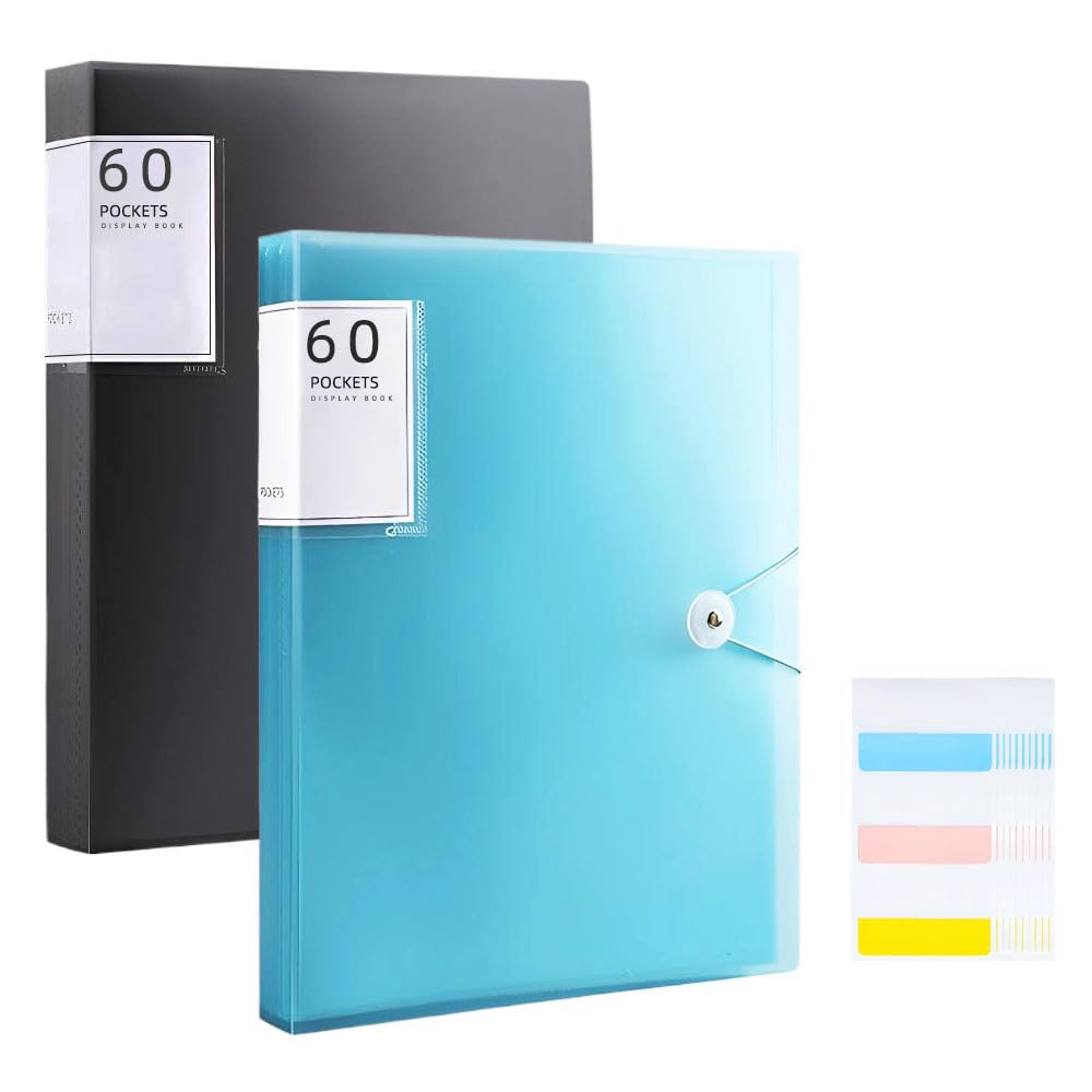 Belegao 2 Pack A4 Display Folders with 60 Pockets, Presentation Display Book with Tabs Waterproof Plastic Cover Clear Sleeve for Office School, Storing Document, File, Insurance(Blue & Black)