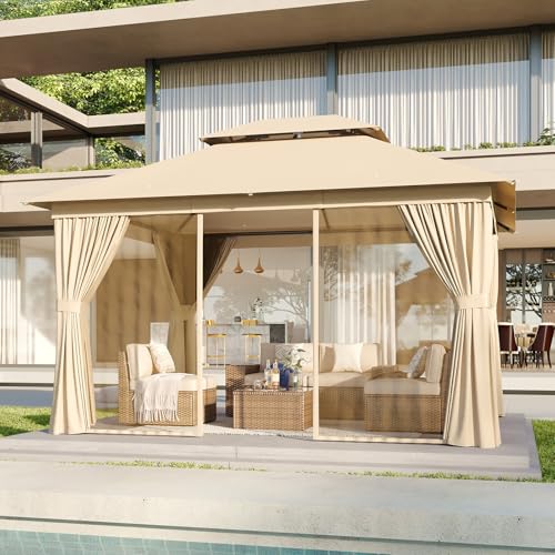 Aoxun 10'x12' Outdoor Patio Gazebo, Heavy Duty Party Tent with Wind-Resistant Ropes, Metal Frame Canopy with Mosquito Nettings and Privacy Screens for Backyard, Deck,Garden, Lawn, (Beige)
