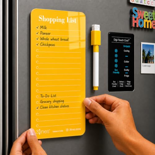 Image of 3 Lines Acrylic Magnetic Shopping List Notepad for Fridge │ To-Do List & Meal Planner │ Dry Erase Marker Included │ Kitchen Organisation │ 9 x 24 cm | Papaya color | Regular