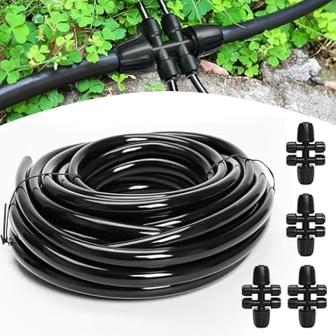 Bonviee 50FT 5/16" Drip Irrigation Tubing and 4 Packs 4-Way Quick Coupler, Push-to-Connect Fittings- DIY Garden Irrigation System, Misting, or Blank Distribution Tubing for Any Gardening Project Cover