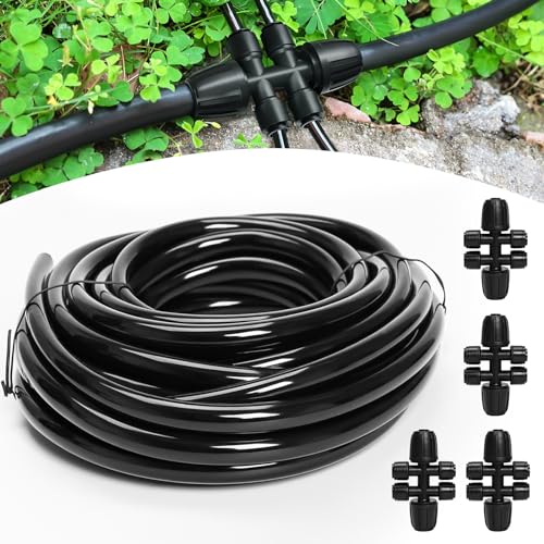 Bonviee 50FT 5/16" Drip Irrigation Tubing and 4 Packs 4-Way Quick Coupler, Push-to-Connect Fittings- DIY Garden Irrigation System, Misting, or Blank Distribution Tubing for Any Gardening Pro