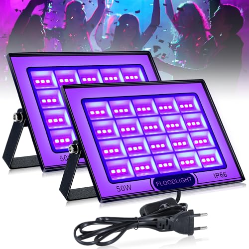 BOWEICORE 50W Led Luz Negra 2 Piezas, Luz Ultravioleta Impermeables IP66, 395-400nm UV Light para Fiesta Neon, Halloween, Navidad, Fiesta Glow, Fiesta Fluorescente, Discoteca, Arte y decoración