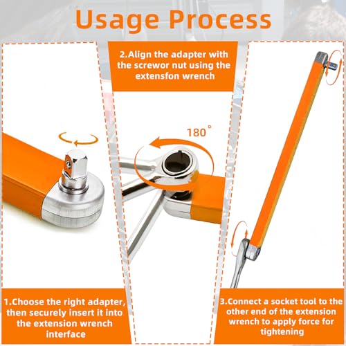 Image of Offset Extension Wrench, 15-Inch Offset Impact-Ready Socket Wrench Tool with 1 /2 inch, 1 /4 inch and 3 /8 inch Square Drive Adapters, Zero Degree Ratchet Tool for Car, Orange