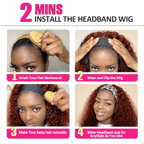 Image of Punmasa Headband Wig Human Hair Deep Wave 12 Inches Reddish Brown None Lace Front Wig Machine Made Brazilian Virgin Glueless Wear and Go Curly Headband Half Wigs for Black Women