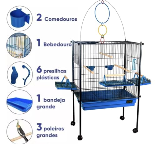 Viveiro Para Calopsita Triplex Premium - Para Pássaros como papagaio e Maritáca (Azul/black)