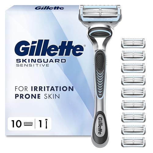 Gillette SkinGuard Sensitive Razor for Men - 1 Mens Razor Handle with 10 Blade Refills Gentle Shave for Sensitive Skin Reduces Irritation and Bumps