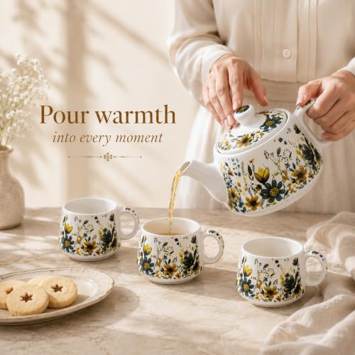 Image of The Earth Store Premium Handcrafted Daisy Bloom Ceramic Tea Cup Set with Kettle Microwave and Dishwasher Safe 6 Tea Cups & 1 Kettle | Tea Pot Set | Morning Set
