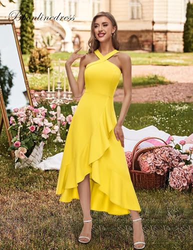 Image of Bbonlinedress Halter Cocktail Women Dresses Prom Formal Wedding Guest Bridesmaid Ruffled Maxi Hi-Lo Evening Party 2026 Dress