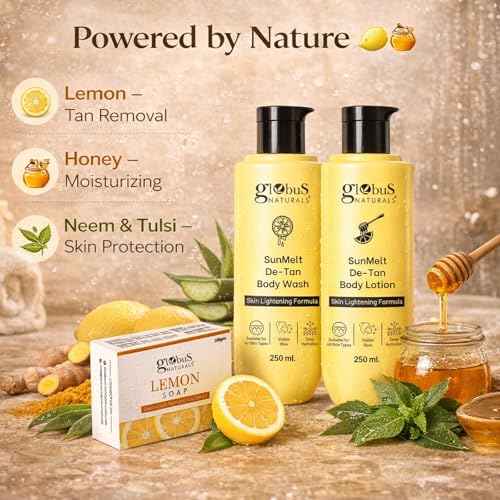 Image of Globus Naturals Detan Body Care Summer Kit | Body Wash + Body Lotion + Lemon Soap + Loofah | Tan Removal, Deep Cleansing & Hydration | Brightening & Fresh Glow Skin | Daily Use Bath Essentials | For Men & Women | All Skin Types