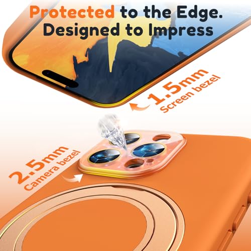 Image of Silicone 360 Spin Magnetic Stand Case for iPhone 16 Pro Max, [Compatible with Mag-Safe][Reinforced Hard Camera Protection] Liquid Silicone Rubber Phone Cover with Ring, Camera Button, Orange