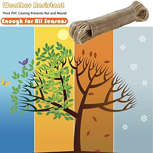 50m Washing Line with Thick Rope and Steel Core-Clothes Line Fitted For Washing Line Pole, Washing Line Rotary-PVC Covered Indoor Washing Line,Clothes Lines for Outside,Garden with 2 Tensioners