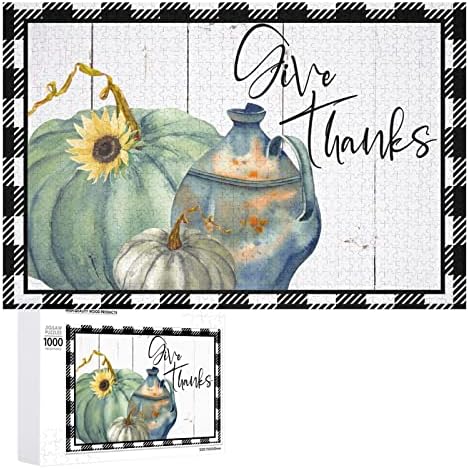 Colorful Pumpkins Sunflowers 1000 Pieces Jigsaw Puzzles for Teens & Adults, Buffalo Check Plaid Border,give Thanks Thanksgiving Jigsaw Puzzles for Home Decor Family Activities Games