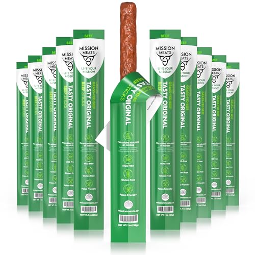 Mission Meats Beef Sticks – 100% Grass Fed & Pasture Raised, Zero Sugar, Gluten Free, Meat Sticks Individually Wrapped, Healthy Snacks, Whole 30 & Paleo Friendly, Original 1oz (Pack of 10)