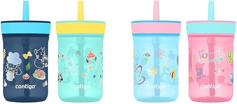 Contigo Leighton Kids 14oz Spill-Proof Tumblers with Straw 2-Pack, Blueberry/Spaghetti & Jade/Penguin and Blue Raspberry/Butterflies & Azalea/Llamas Prints