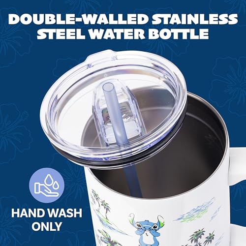 Image of Silver Buffalo Disney Lilo and Stitch Vintage Sketch Palm Trees and Flowers Double Walled Stainless Steel Tumbler with Handle and Straw, Fits in Standard Cup Holder, 40 Ounces
