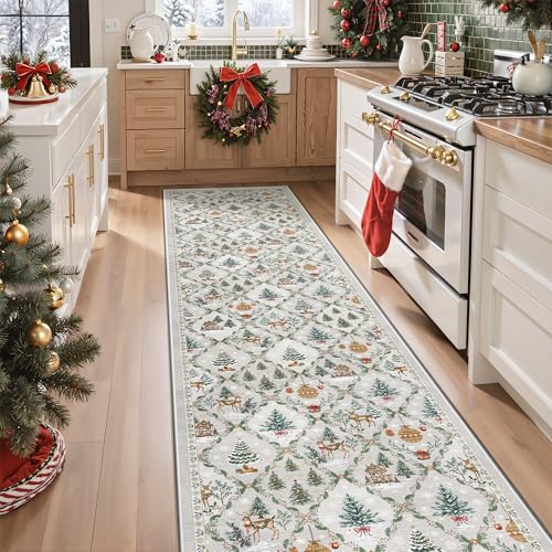 Madane Christmas Runner Rug 2x8, Washable Grey Hallway Runner Rugs, Non-Slip Low-Pile Soft Kitchen Rug, Vintage Xmas Holiday Decor Throw Entry Foyer Mat for Entrance Laundry Living Room