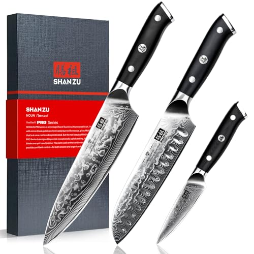 SHAN ZU Damascus Knife Set, Japanese Super Steel 3 PCS Damascus High Carbon Professional Ultra-Sharp...
