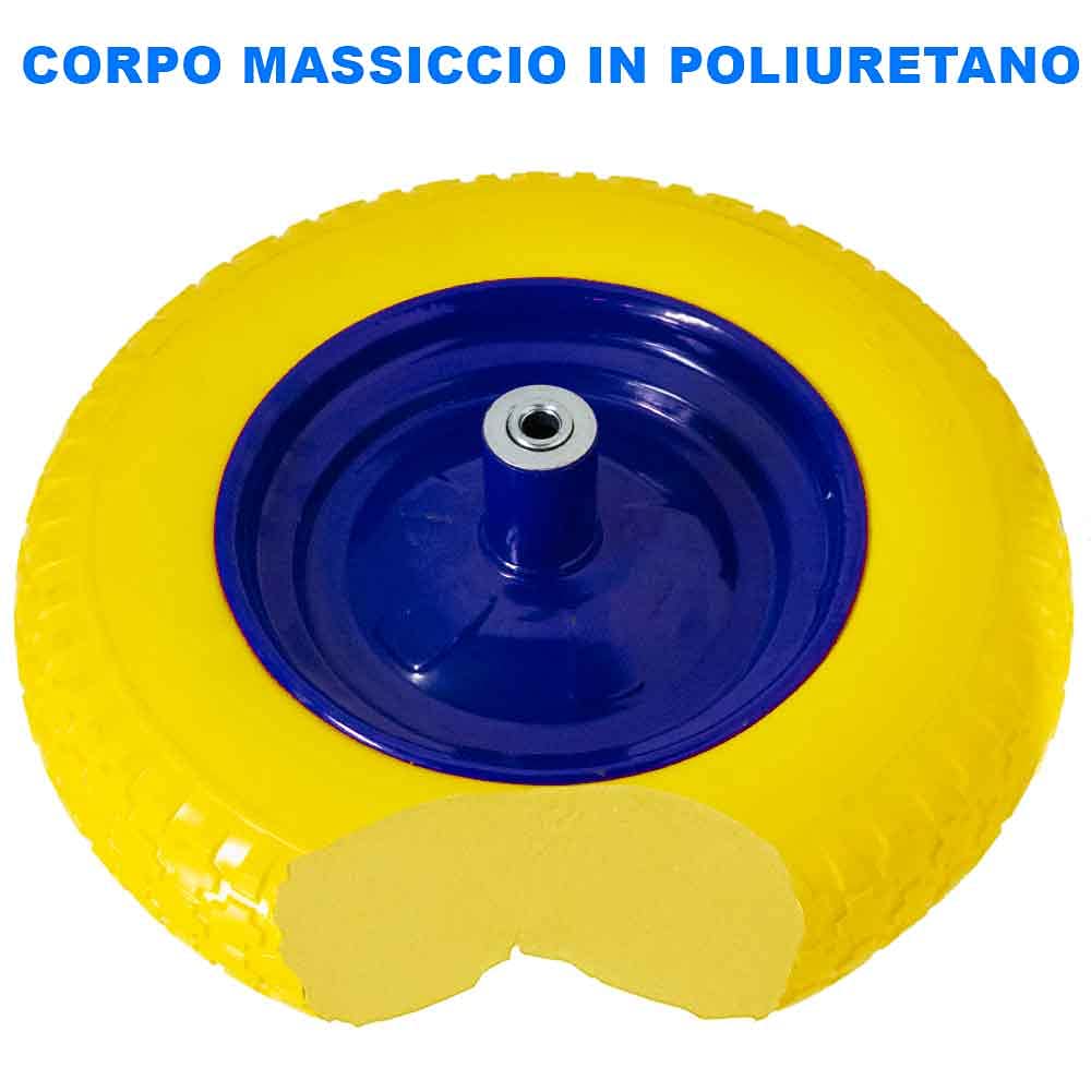 Bakaji Ruota Piena in Poliuretano Giallo Antiforatura per Carriola Battistrada Scolpito Diametro 35cm Larghezza 9 cm 3.50-8 Cerchio in Acciaio con Asse da 170 mm Incluso Ruote Ricambio Carriole