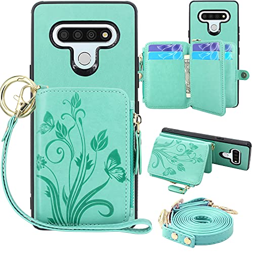 Lacass [Cards Theft Scan Protection] Crossbody Chain 8 Card Slots Holder Zipper Pocket Wallet Case PU Leather Cover with Wrist Strap Loop Kickstand Carrying Pouch Bag for LG STYLO 6( Mint)