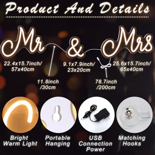 Kittmip Mr and Mrs Neon Sign for Wedding Neon Light LED Backdrop Wall Decor USB Wedding Reception Decoration Gifts for Anniversary Engagement Banquet(57.09 x 15.75 Inch,Warm White)