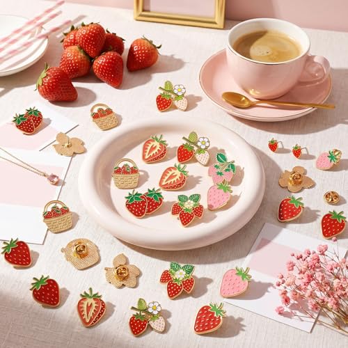 Image of Yinkin 32 Pcs Strawberry Enamel Pins Bulk Alloy Lapel Brooches Backpack Badges Brooch for Clothing Bag Hat Jacket Decor