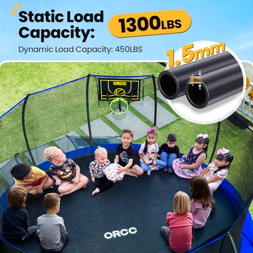 Image of ORCC 1300LBS Weight Capacity Trampoline 16 15 12FT with Basketball Hoop Water Sprinkler Spiral Ground Stakes Outdoor Yard Trampolines for Kids Adults
