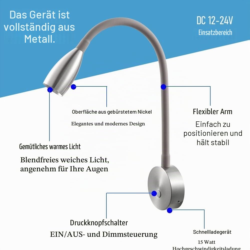 acegoo Leselampe 12V LED Dimmbar Bett Lampe, Flexible Wandmontage Schwanenhals Nachttisch 24V 3200K Eingebauter Dimmer & Typ C Schnellladegerät, für Boot Wohnmobil Auto Camper Van Yacht (Silber)