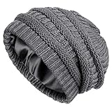 Winter Knit Beanie for Women Satin Lined Cable Thick Chunky Cap Mens Soft Slouchy Warm Hat Dark Grey