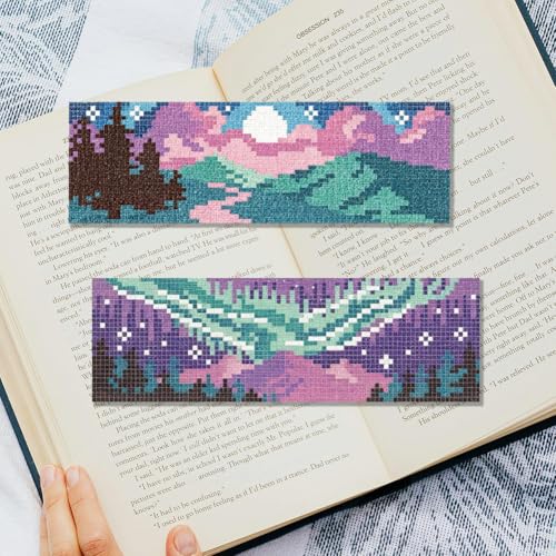 Image of INFUNLY 6PCS Night Sky Cross Stitch Bookmark Kits 3x8.5inch Horizontal Landscape Stamped Embroidery Page Marker DIY Starry Night Needlepoint Bookmark Kit for Book Lovers Writers Gift